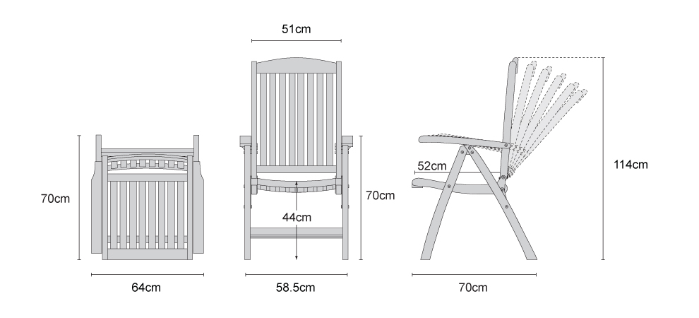 Cheltenham Outdoor Reclining Chair, Teak - Dimensions